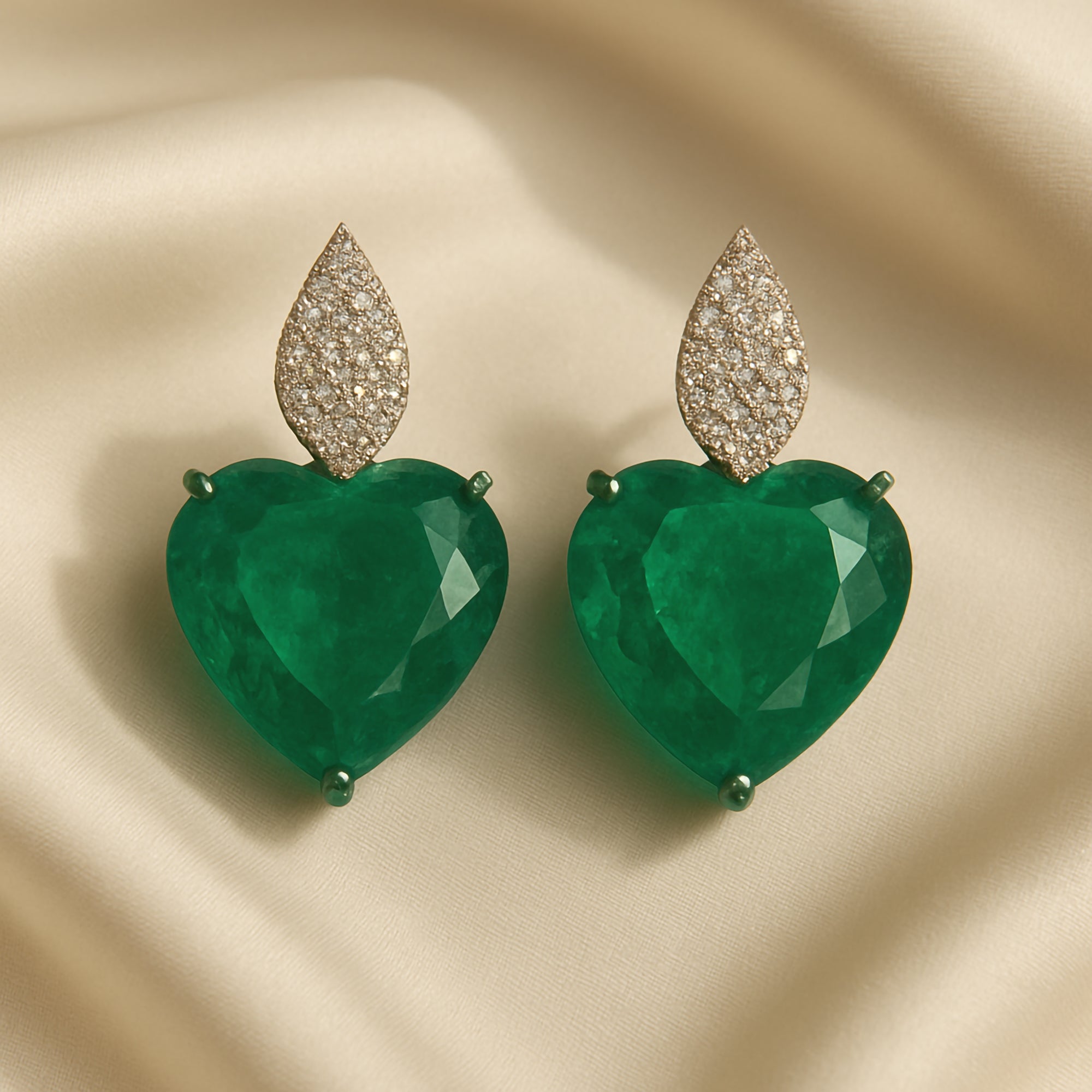 Heart Diamond Emerald Earrings