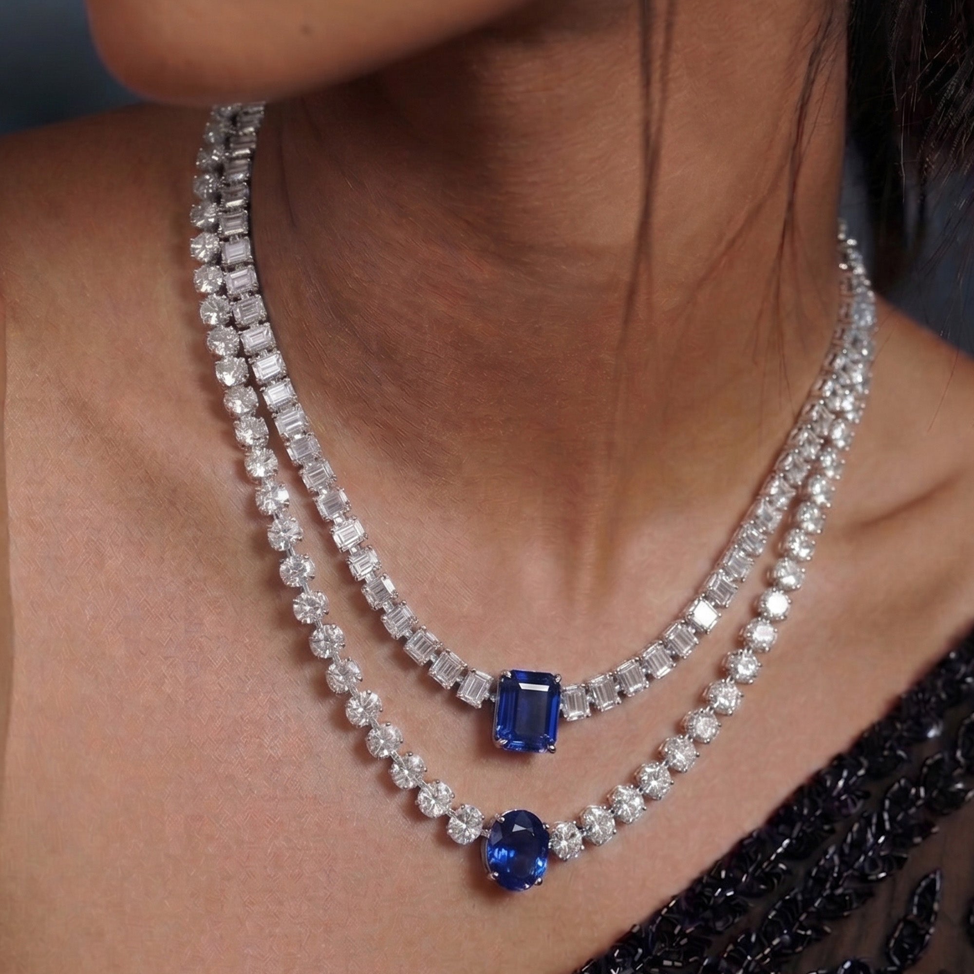 Thira Double Layer Diamond Sapphire Necklace