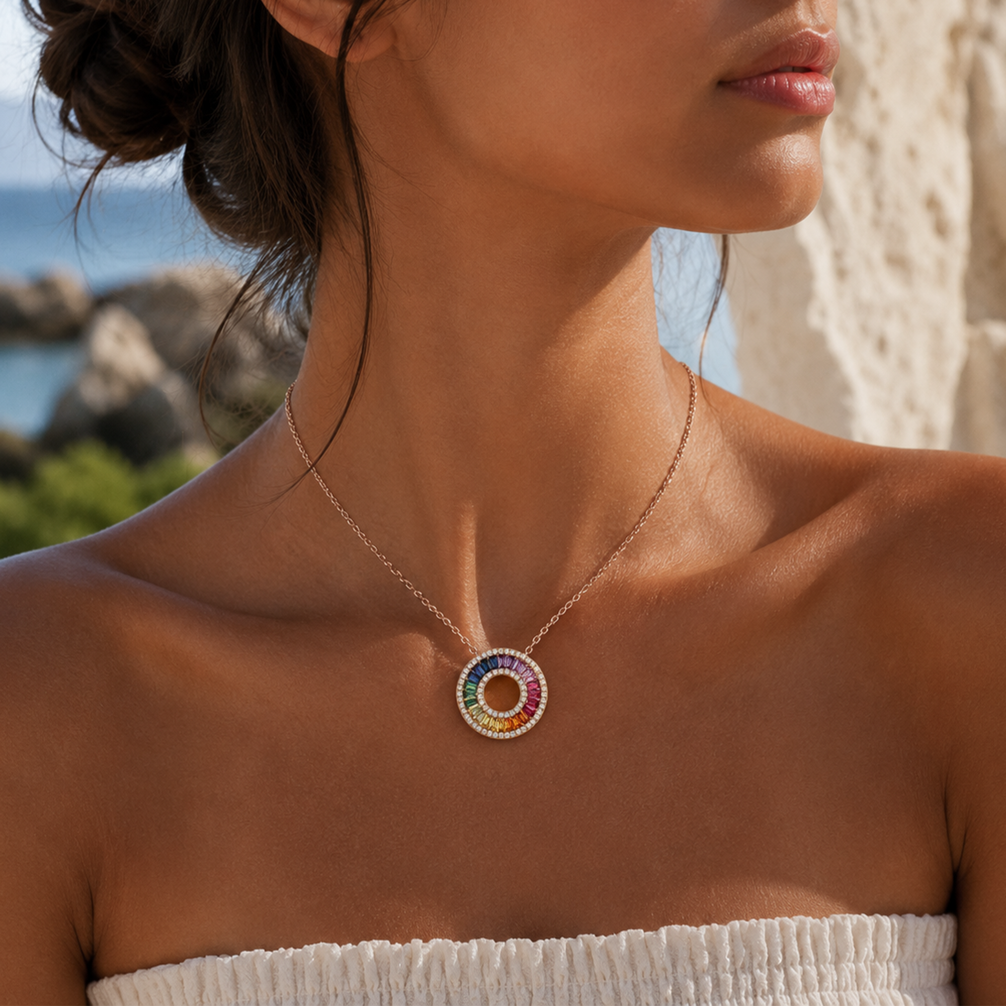 Close-up of a woman wearing a colorful necklace with a blurred natural background in india