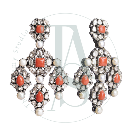 Coral and Pearl Chandelier Uncut Diamond Earrings