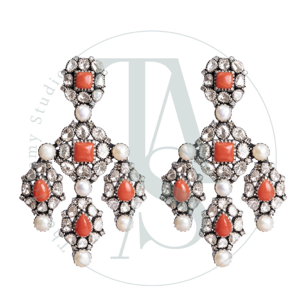 Coral and Pearl Chandelier Uncut Diamond Earrings