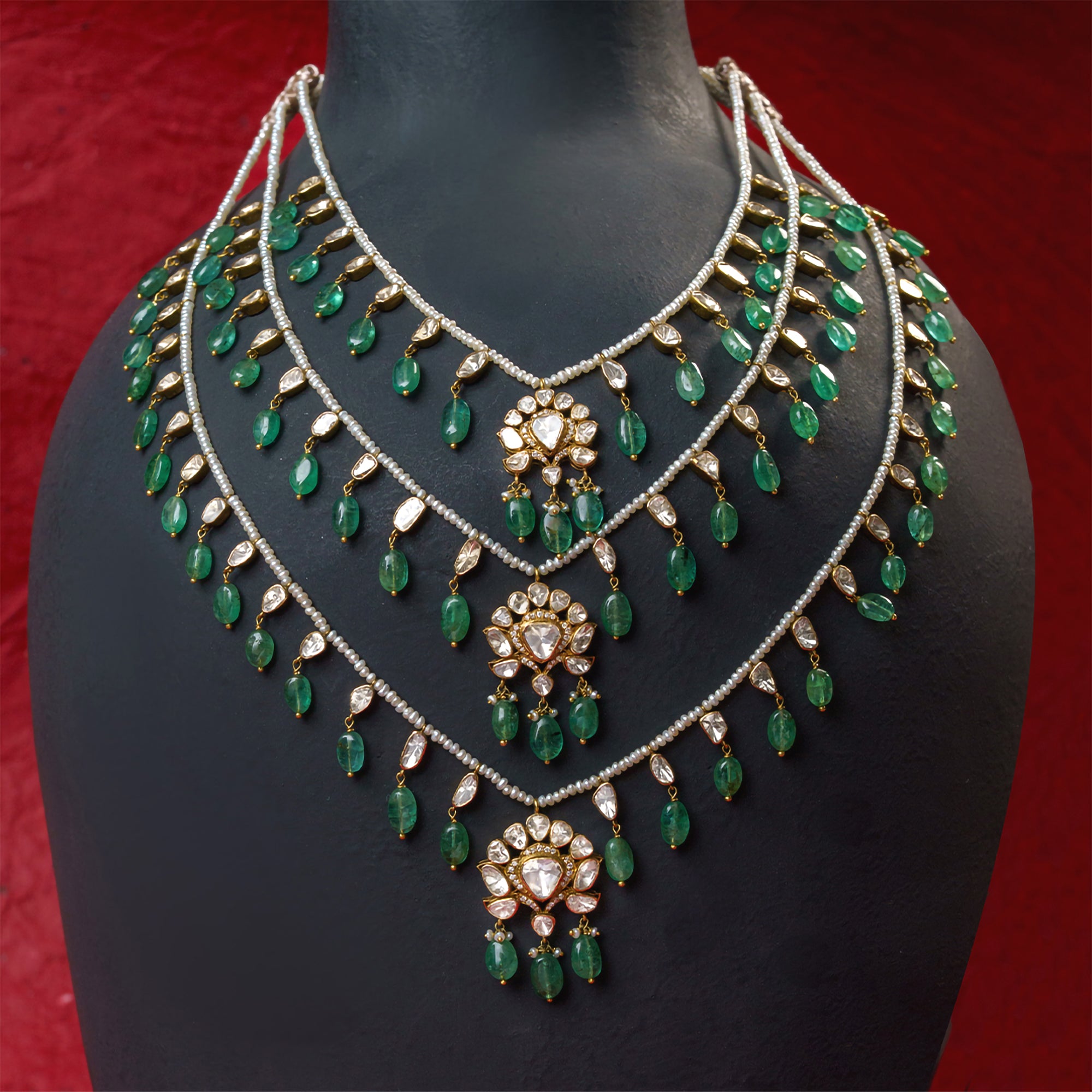 Nureen Cascading Polki emerald Necklace