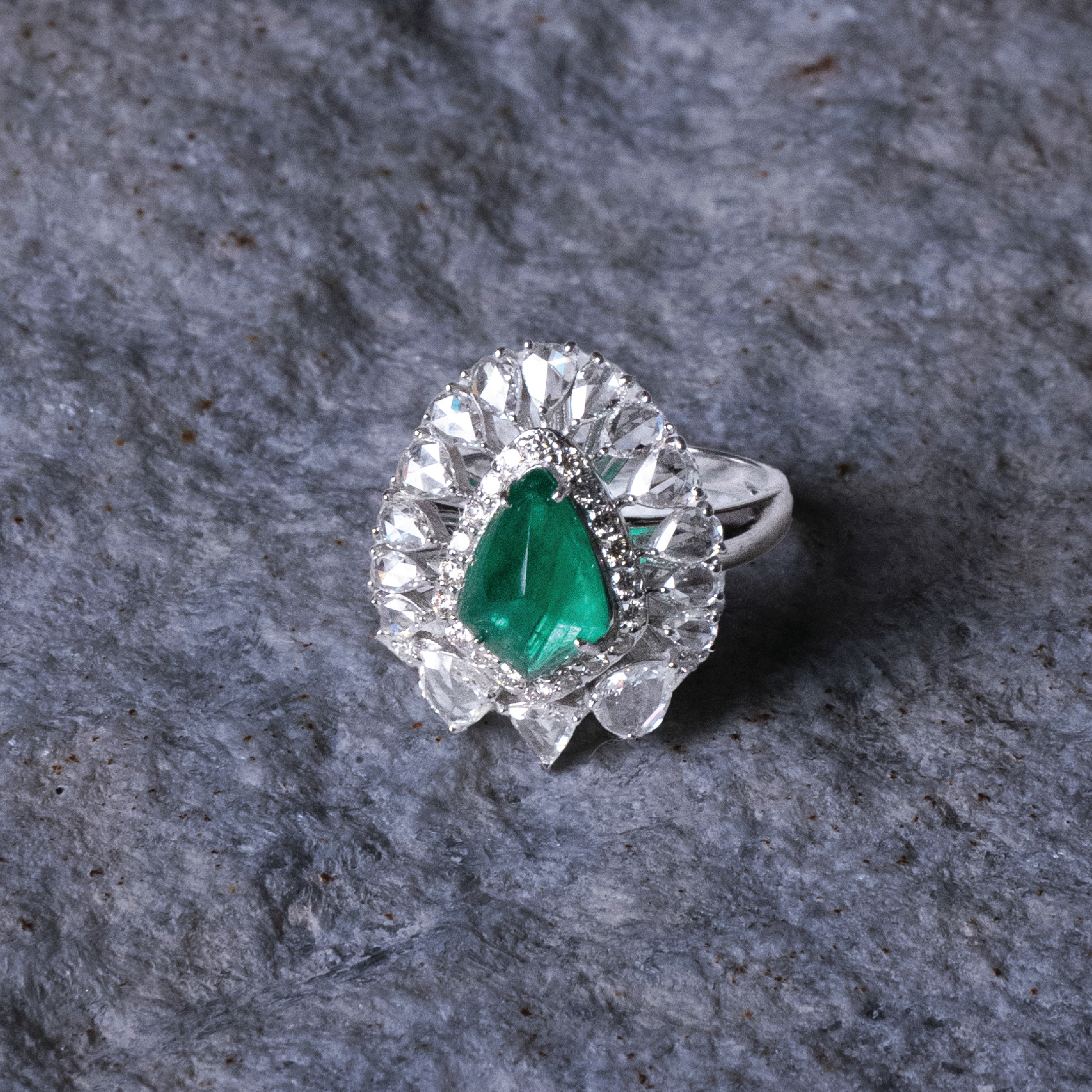 Elixir Rose Cut Diamond Emerald Ring