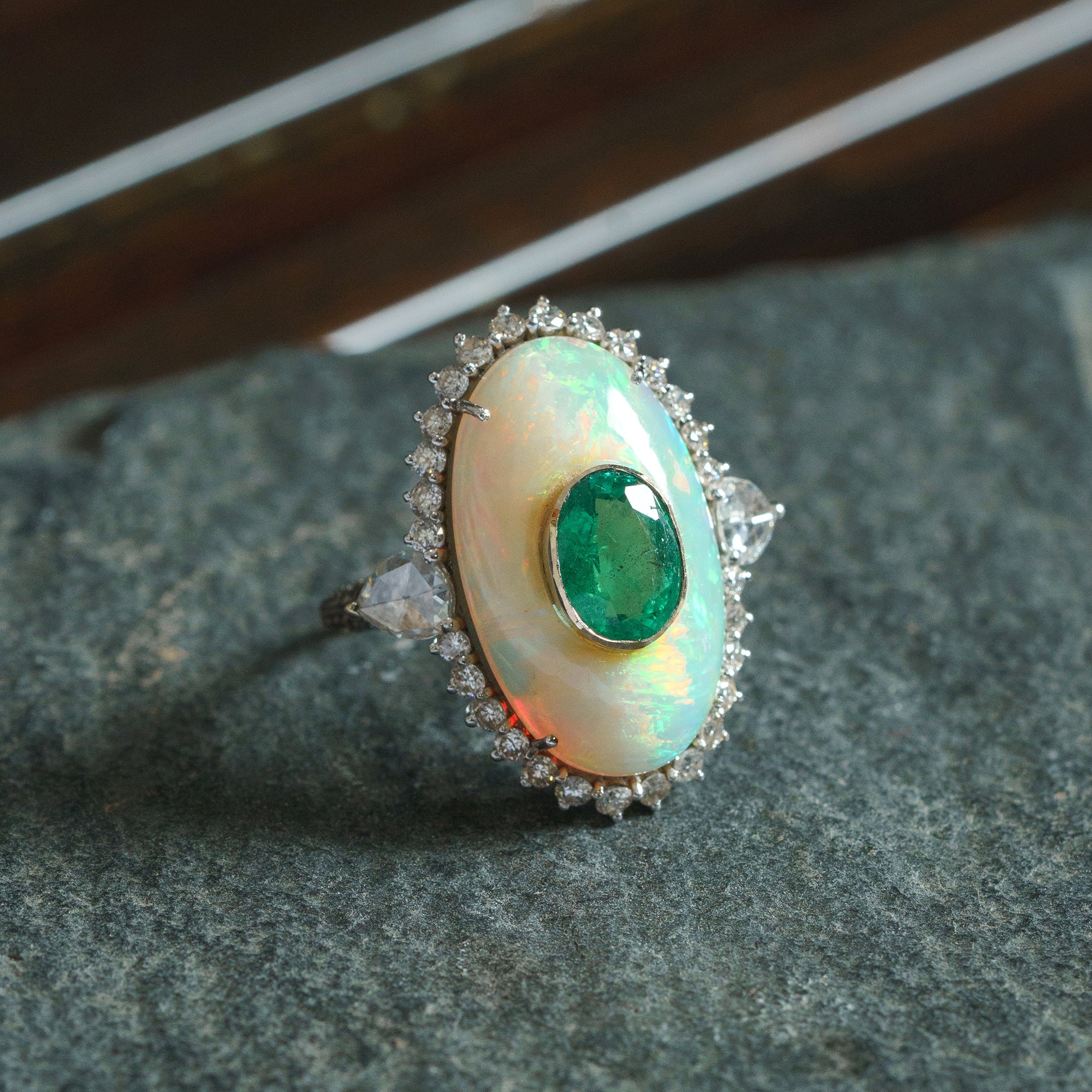 Chloe Diamond Emerald Opal Overlay Ring