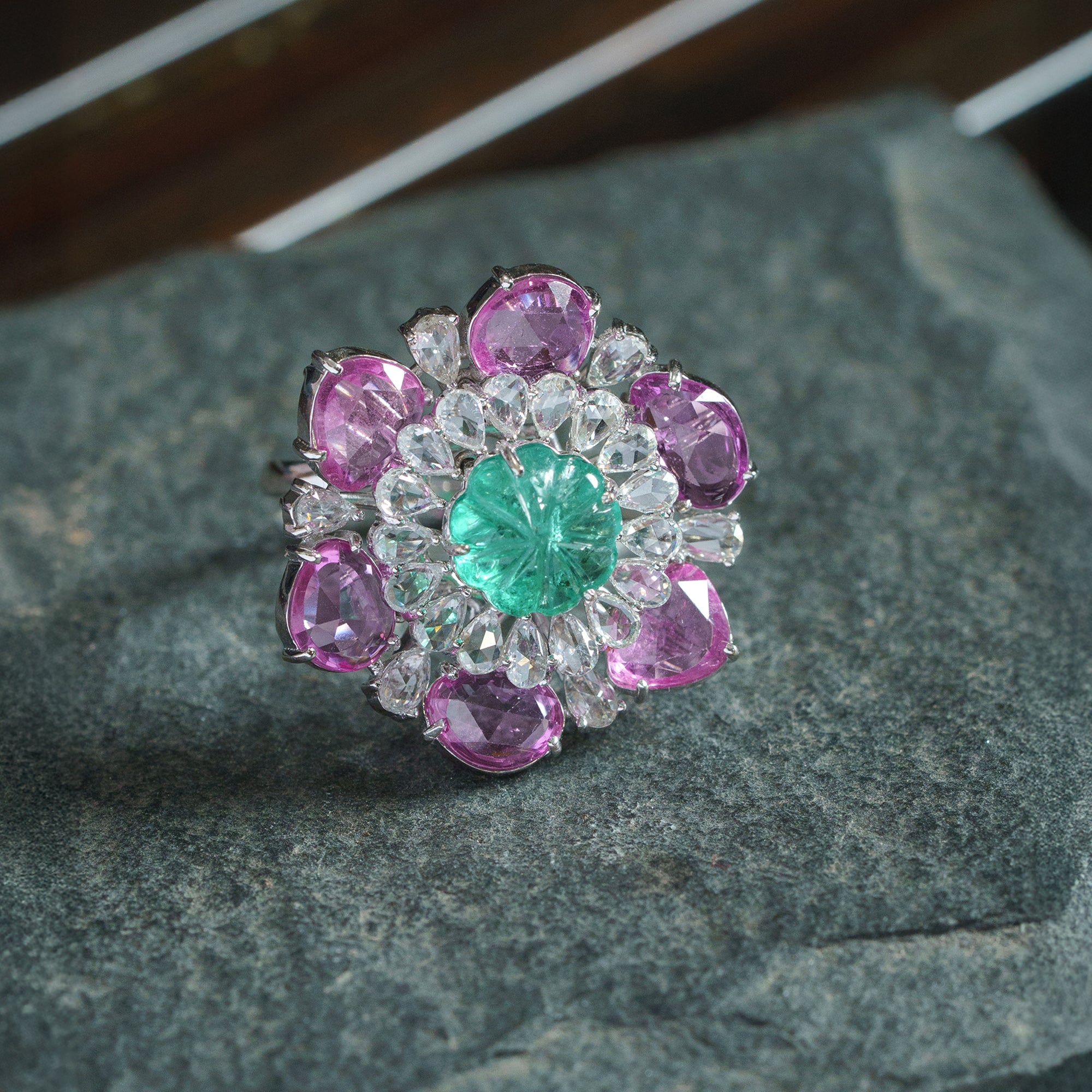 Delia Rose Cut Diamond Emerald Ring
