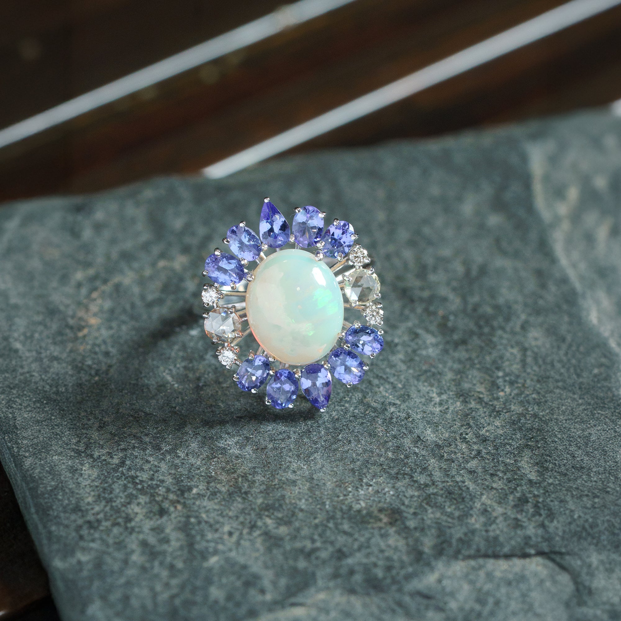 Cosmic Diamond Tanzanite Opal Ring
