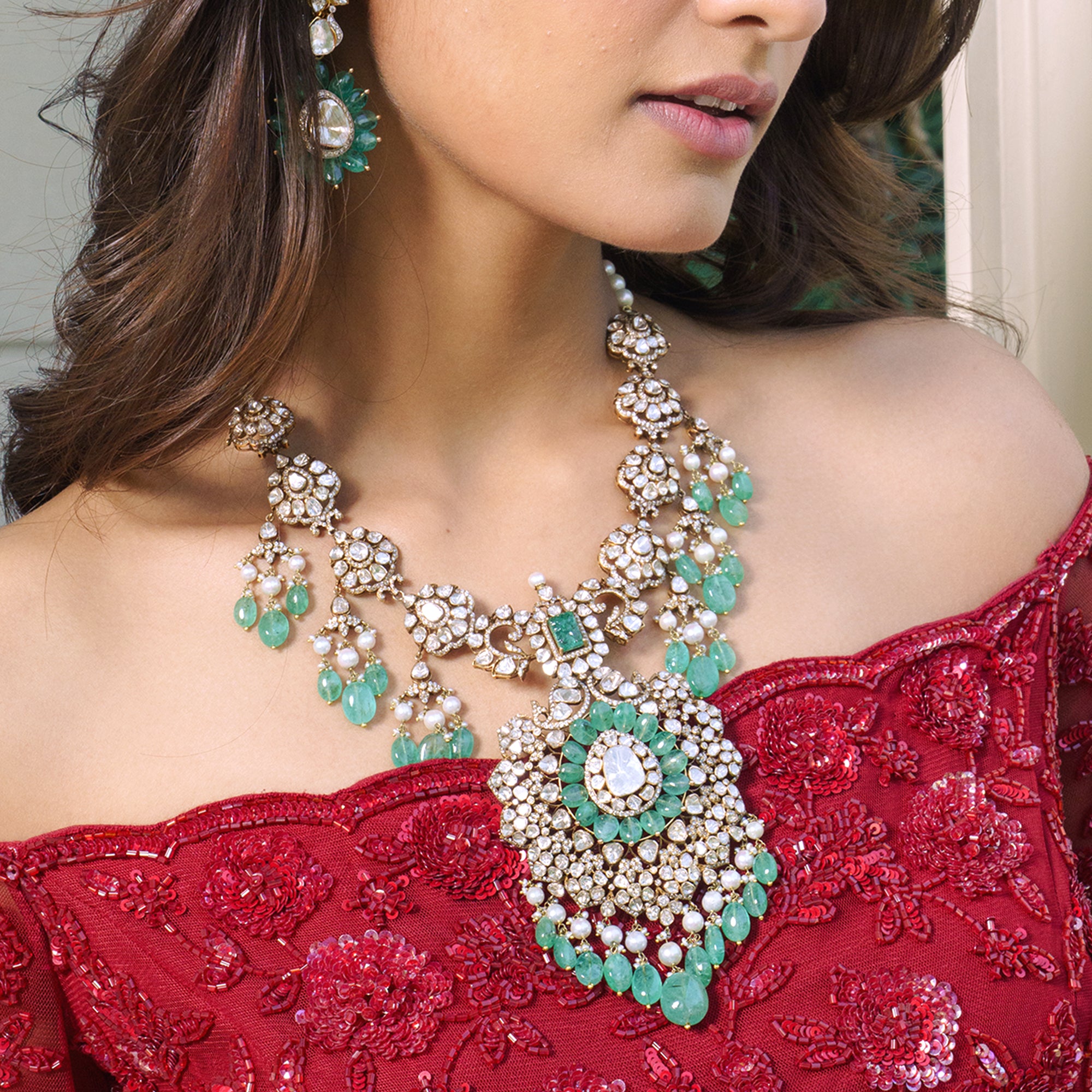 Aafreen Polki emerald Necklace