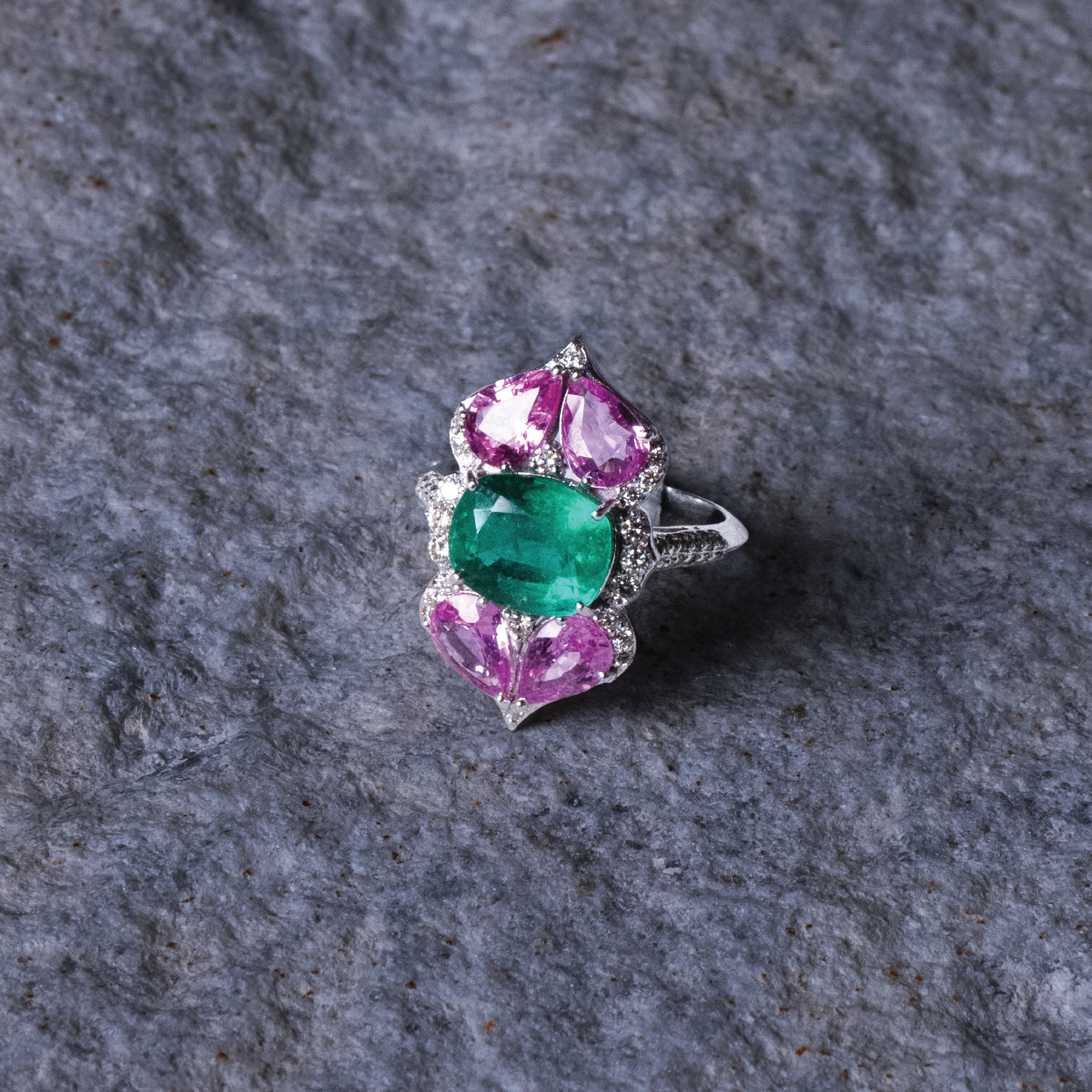 Yakira Diamond Emerald Pink Sapphire Ring