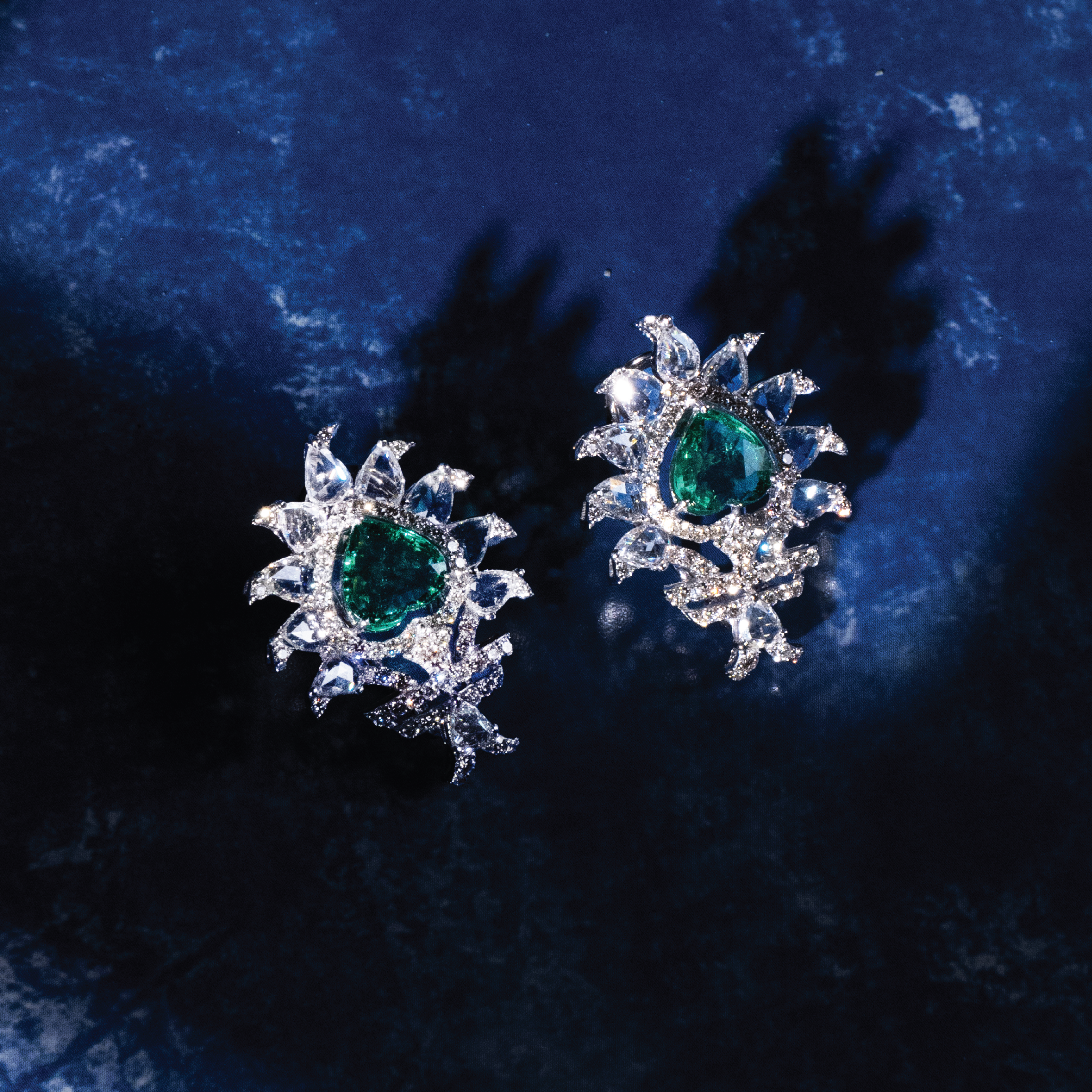 Mosaic Rose Cut Diamond Emerald Earrings