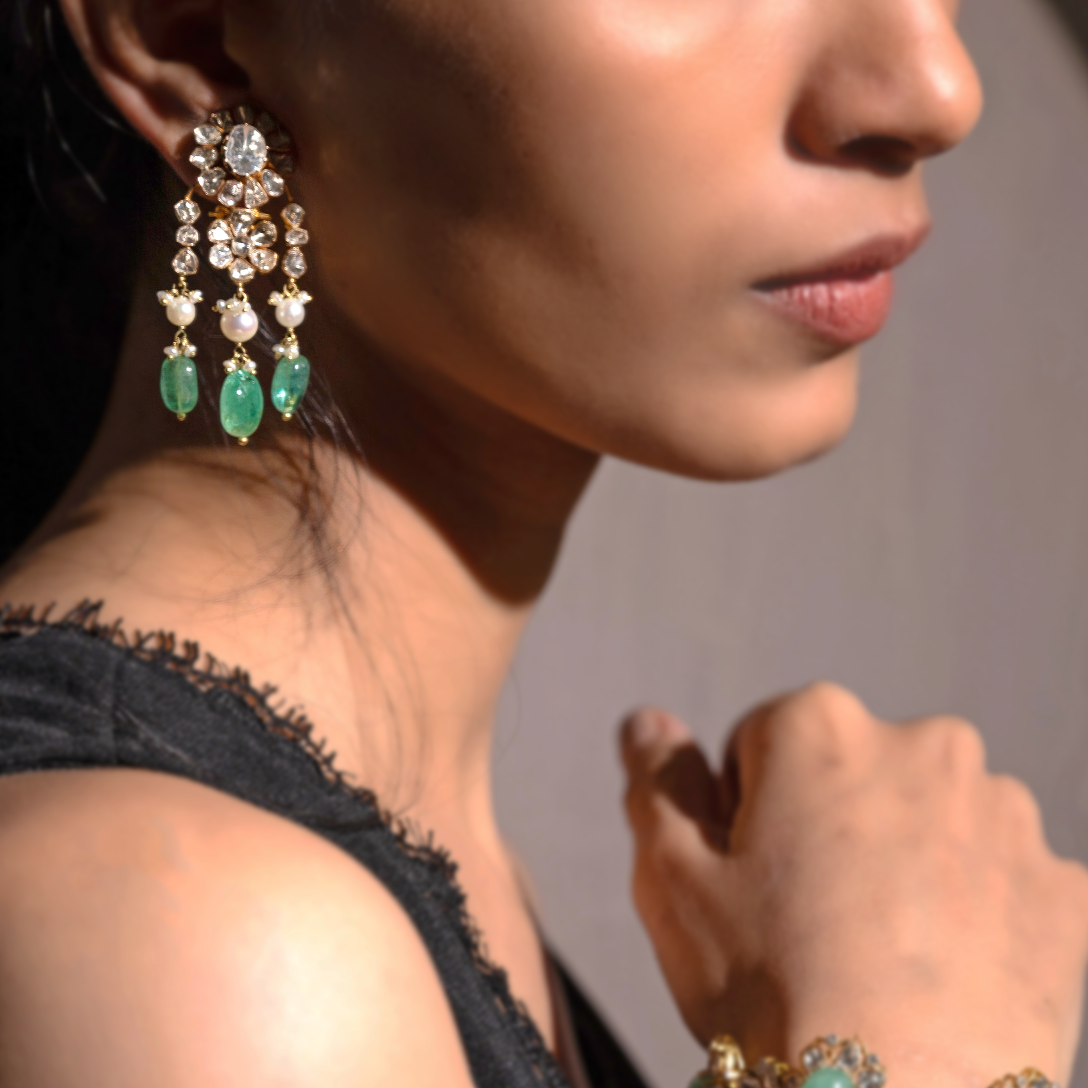 Floral polki Emerald Drop Earrings
