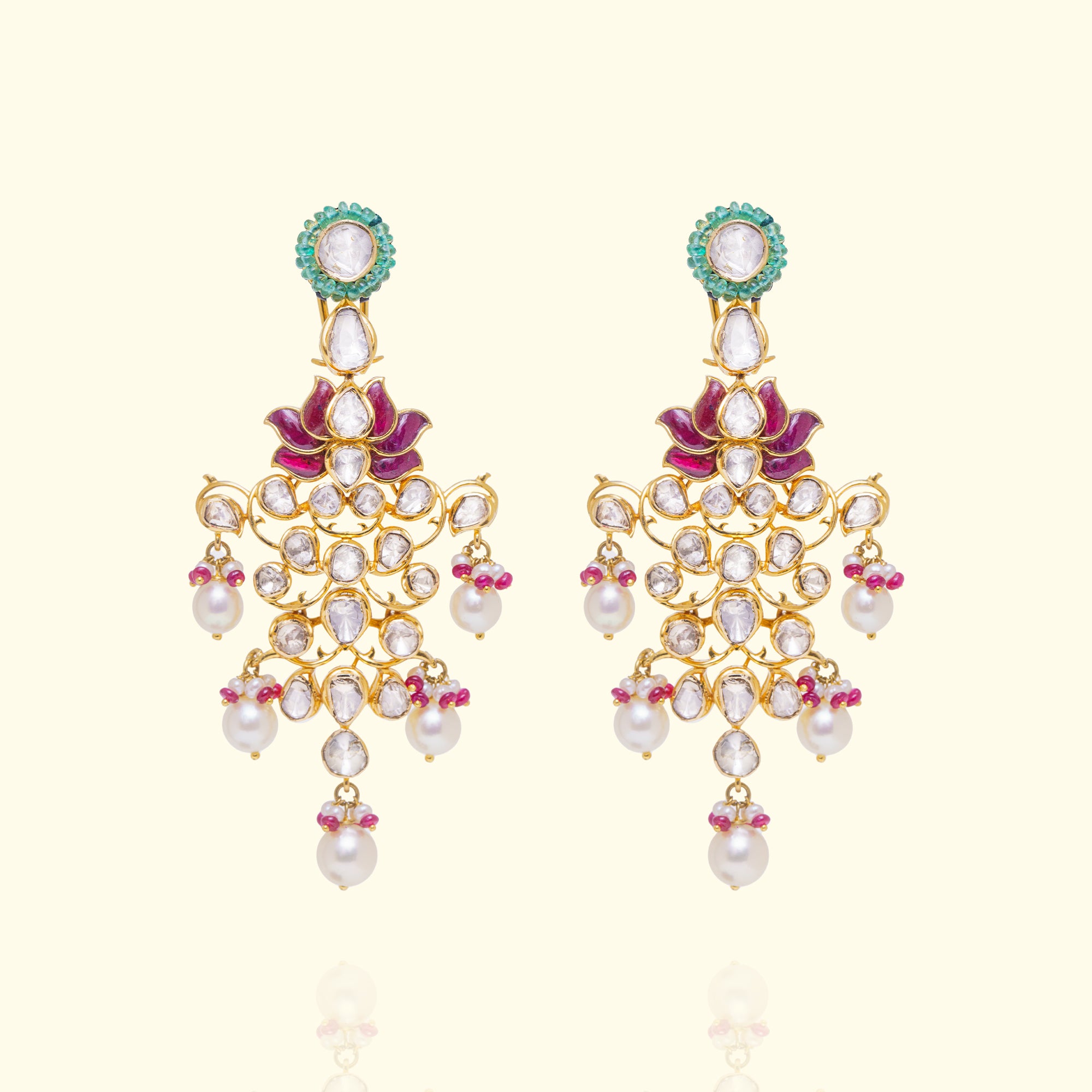 Lotus Polki Ruby Emerald Earrings