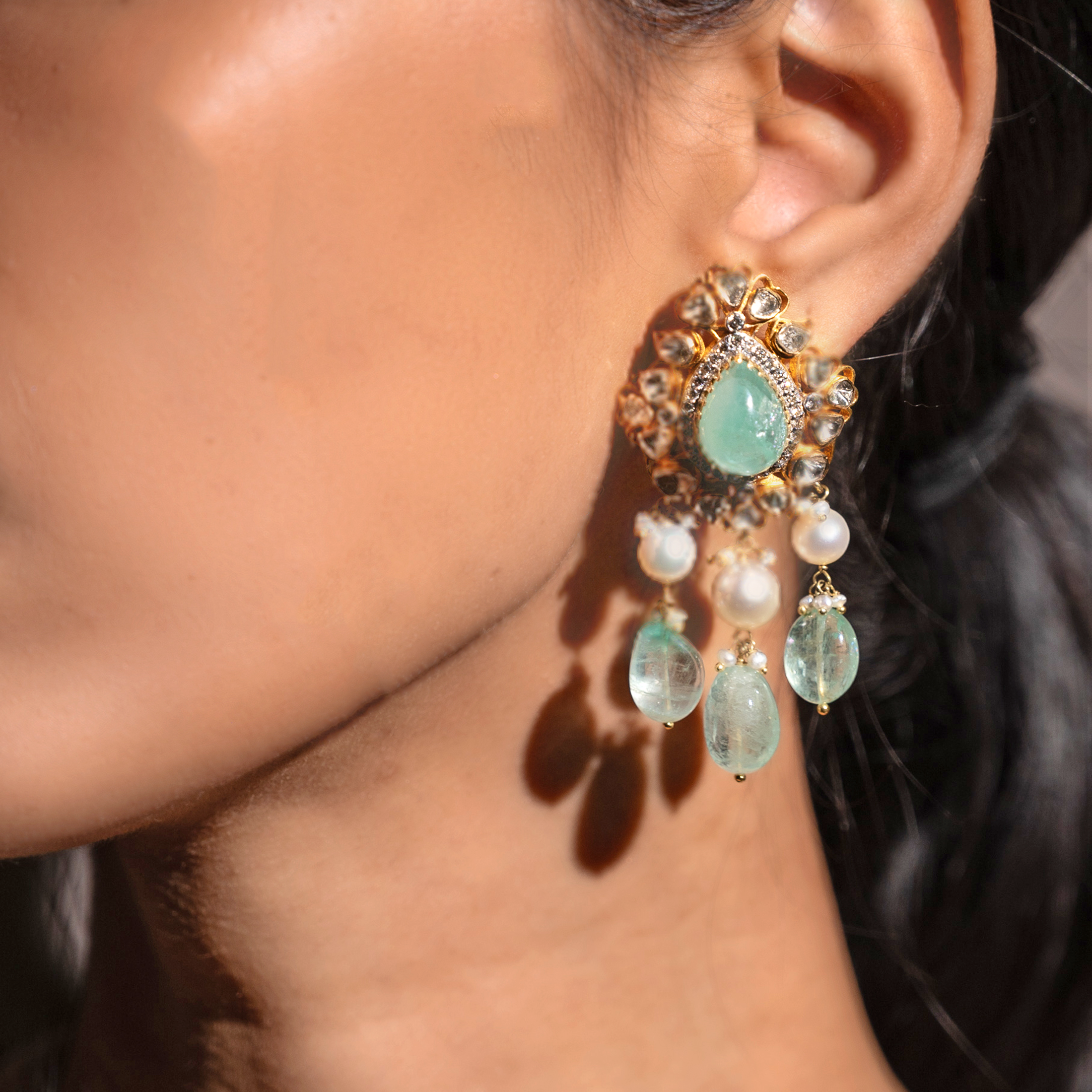 Hyderabadi Polki Emerald Earrings