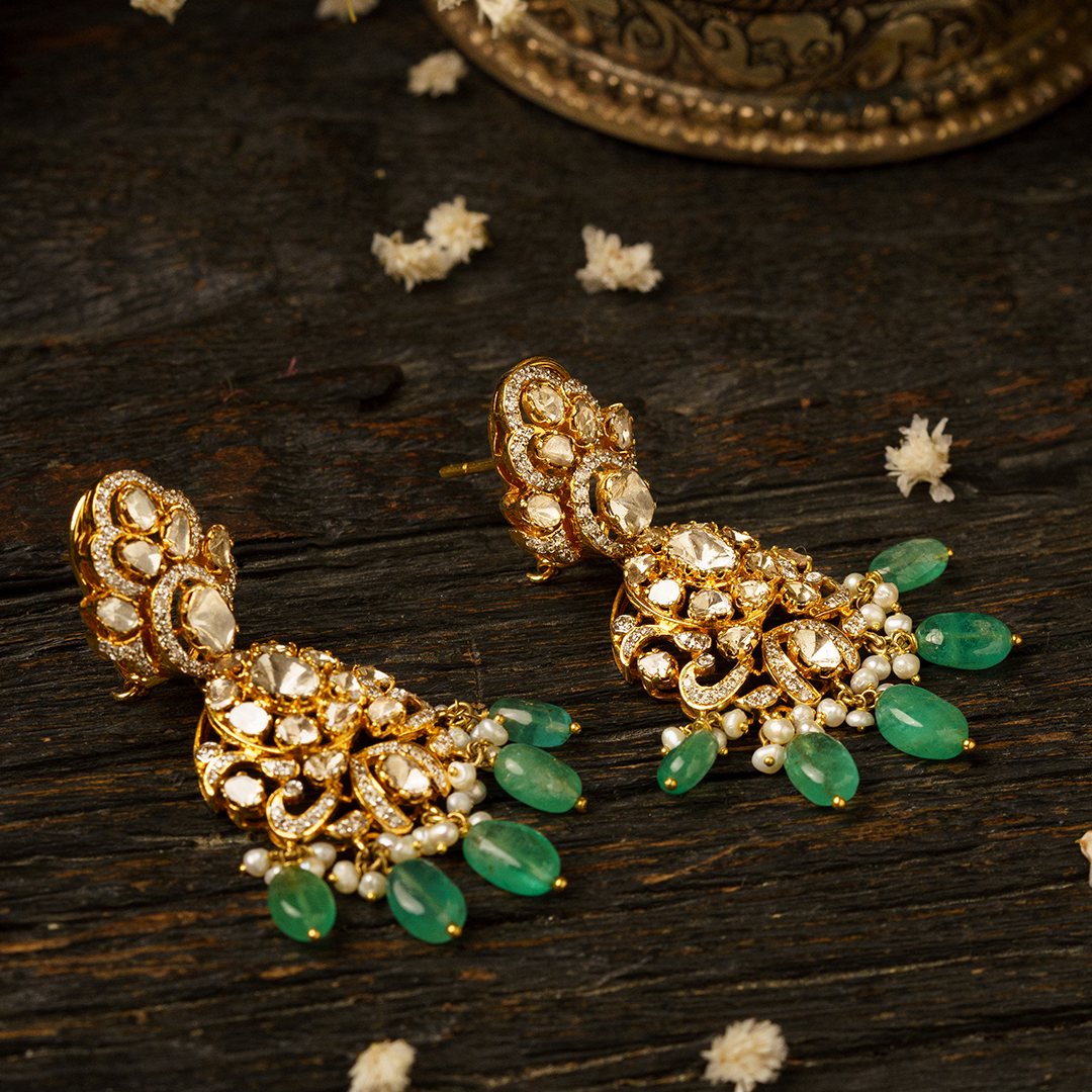 Filigree Polki Emerald Earrings