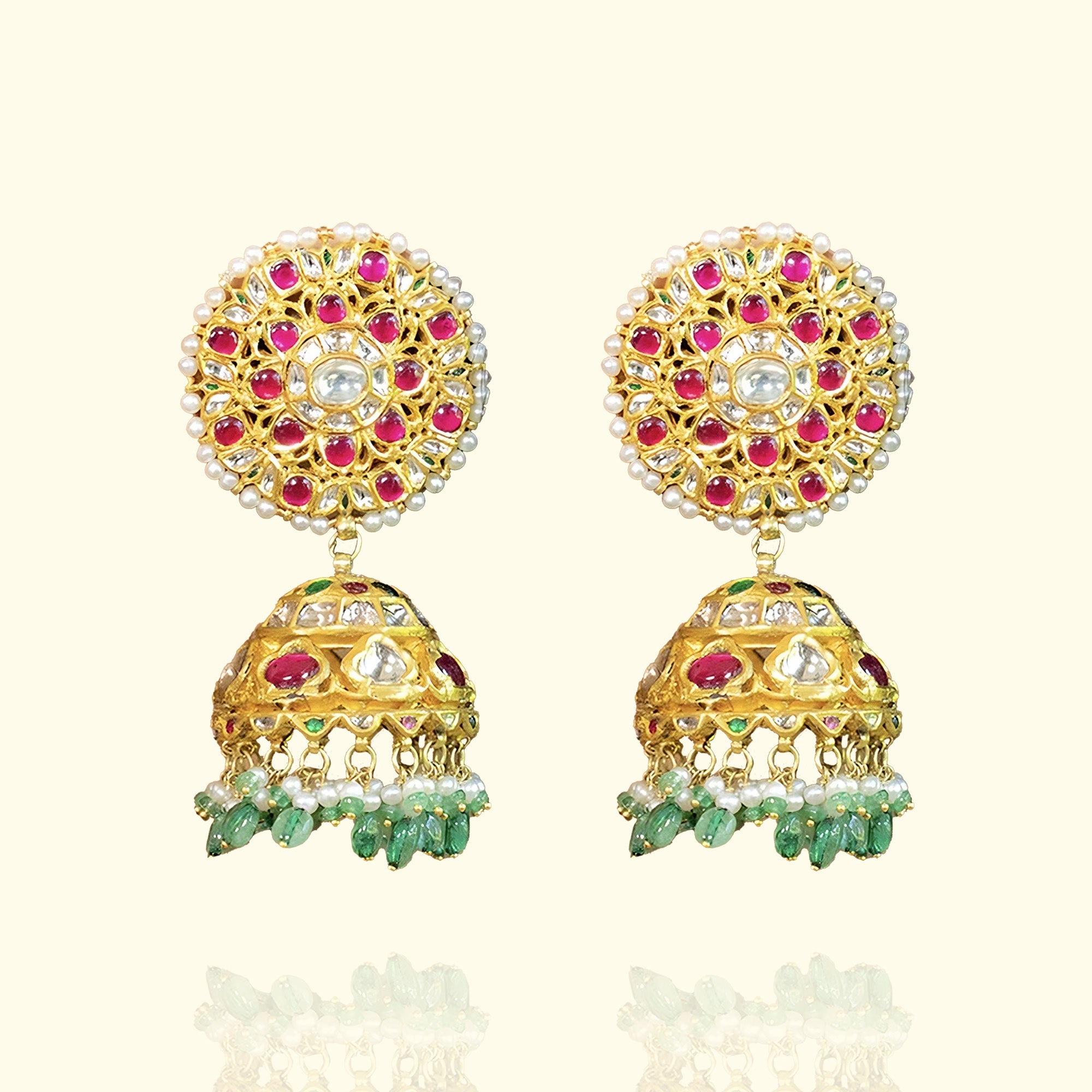 Rajashri Polki Ruby Emerald Jhumkas