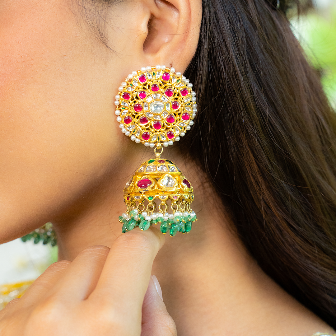 Rajashri Polki Ruby Emerald Jhumkas