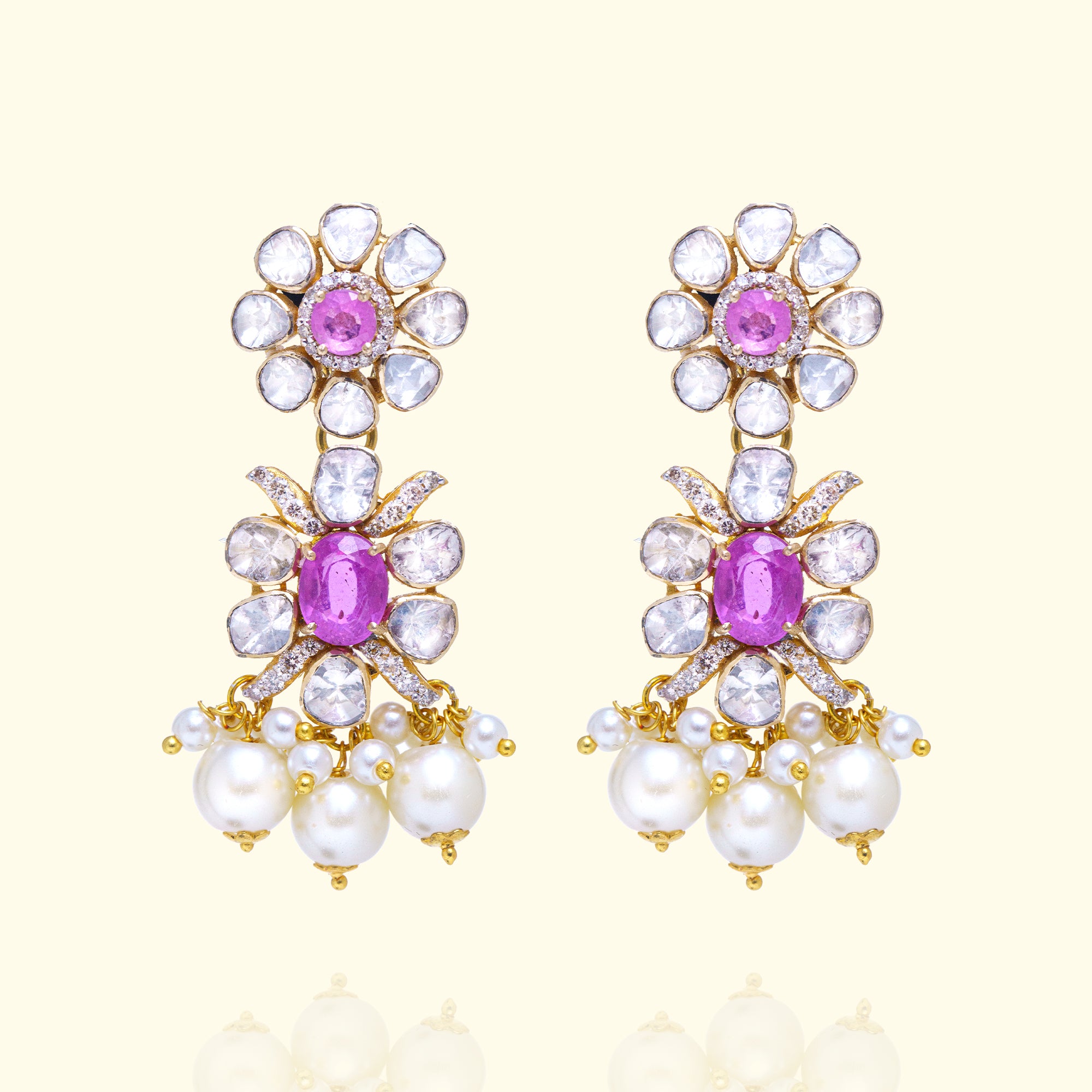Dual Flower Polki Pink Sapphire Earrings