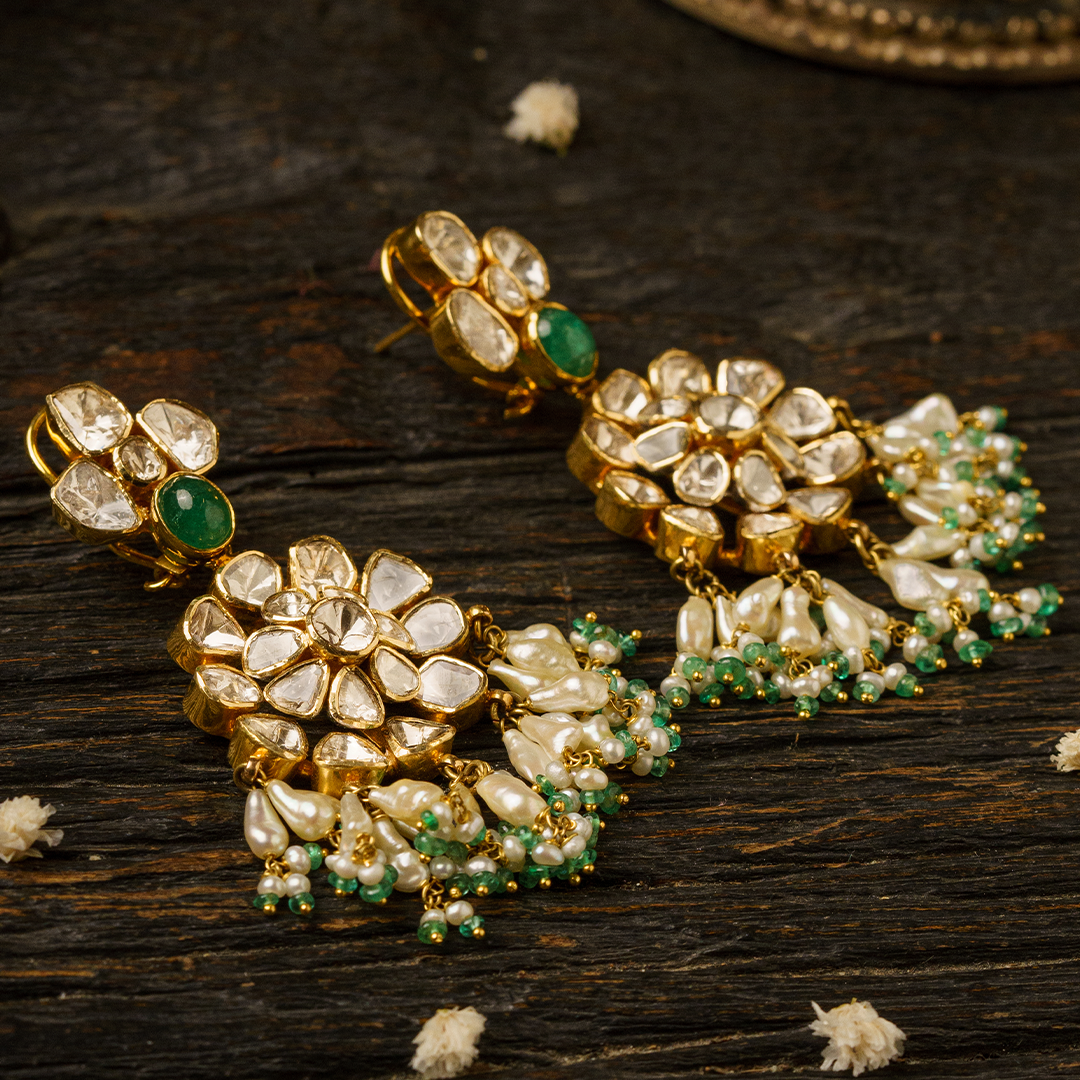 Overlapping Polki Emerald Earrings