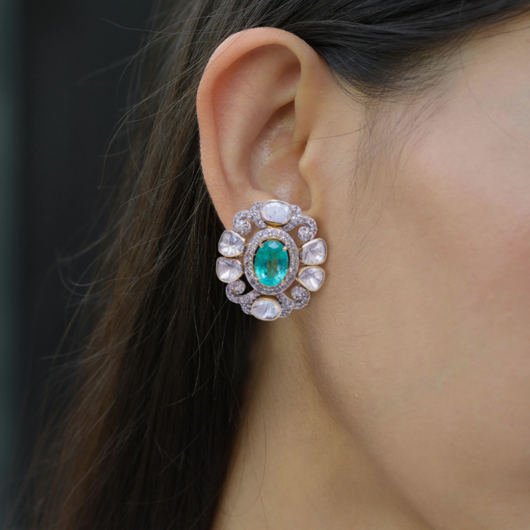 Oval Polki Emerald Earrings