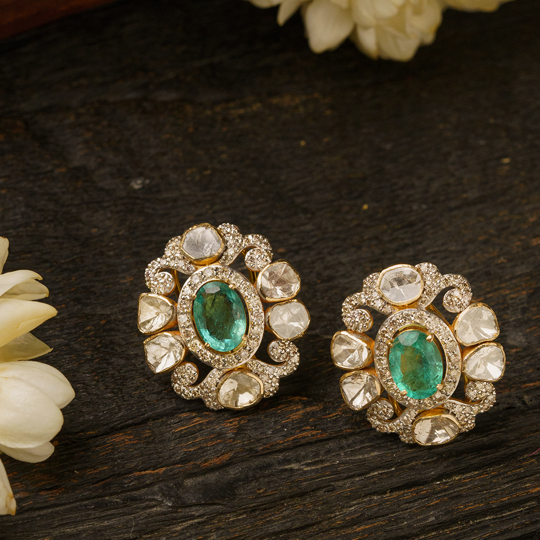 Oval Polki Emerald Earrings