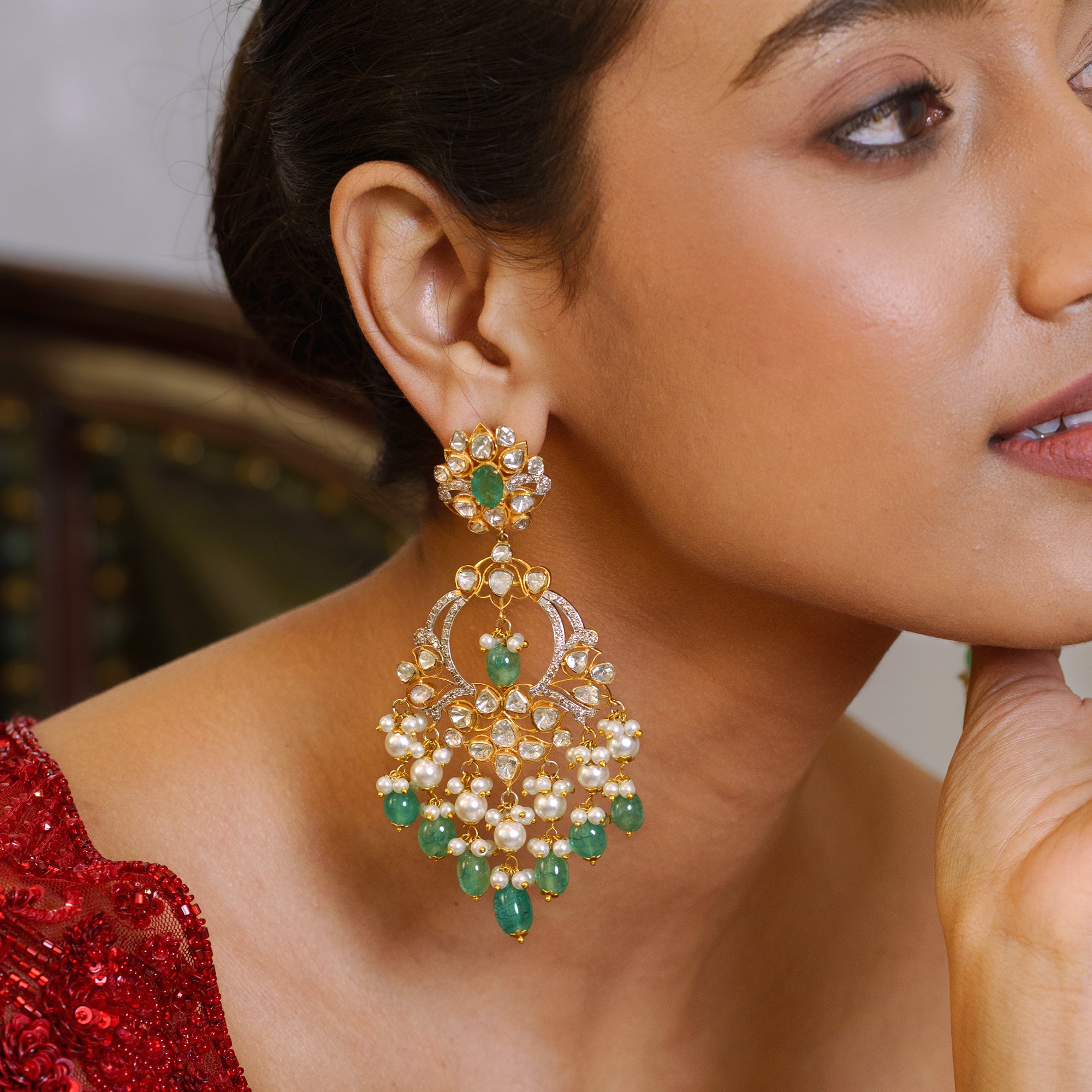 Shaheen Polki Emerald Chandbalis