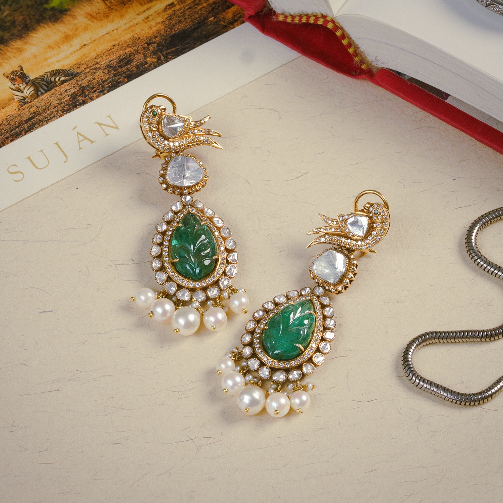 Peacock Polki Carved Emerald Earrings