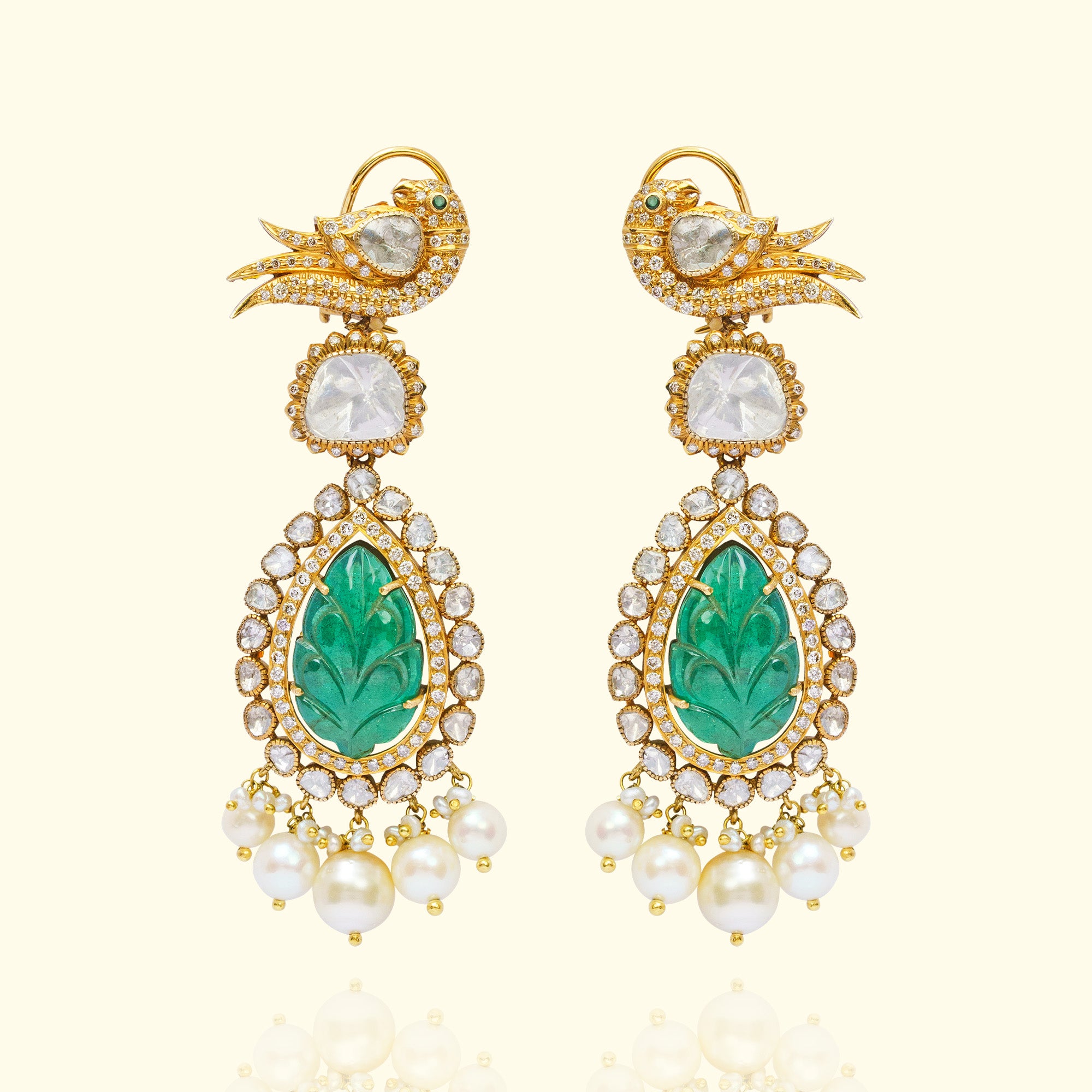 Peacock Polki Carved Emerald Earrings