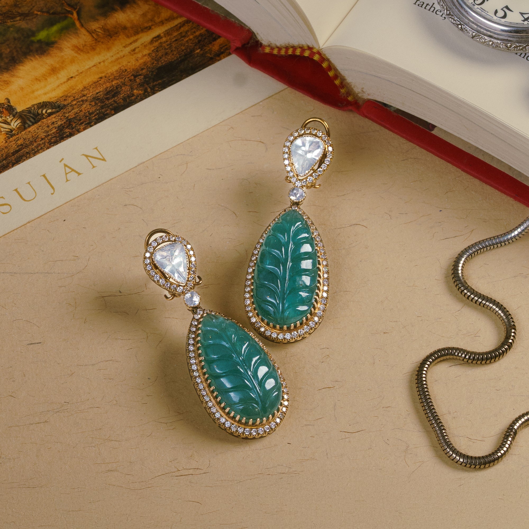 Vanya Polki Carved Emerald Earrings