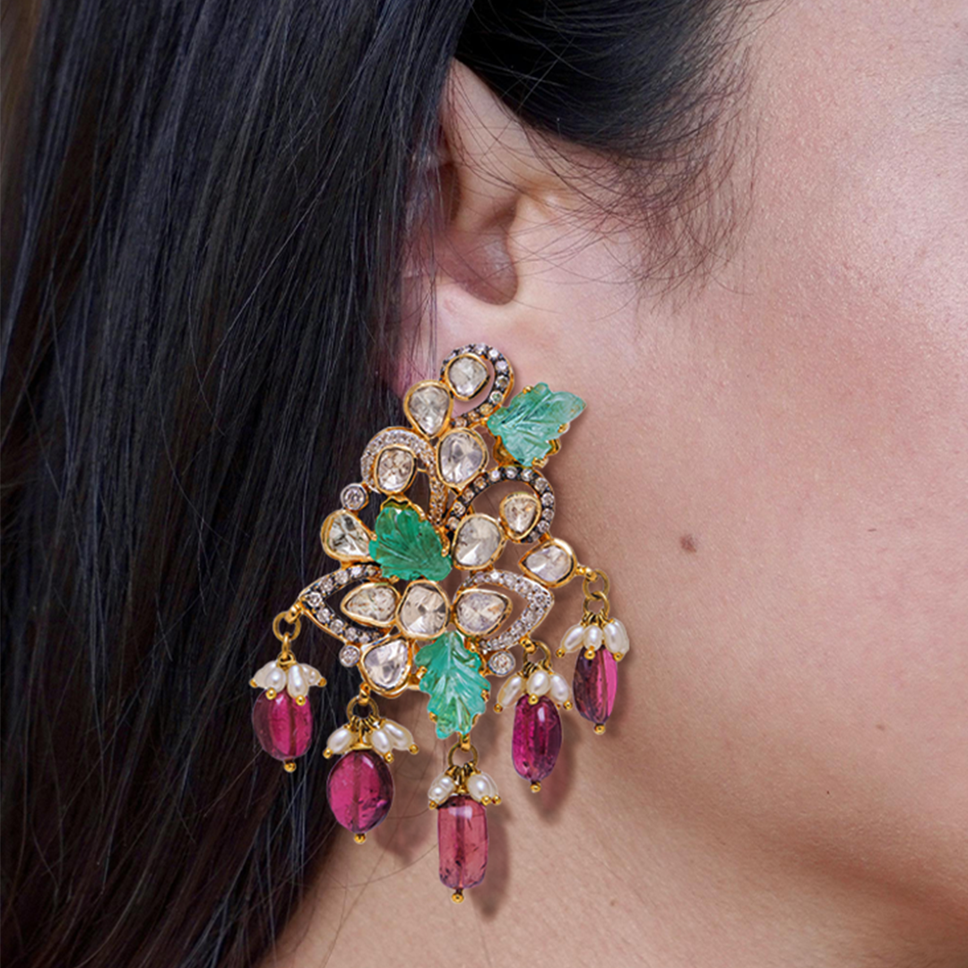 Petal Emerald Tourmaline Polki Earrings