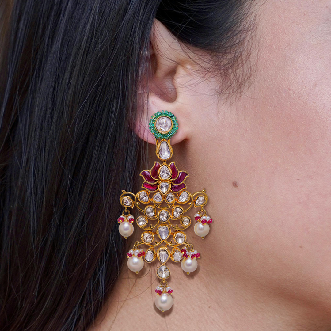 Lotus Ruby Emerald Polki Earrings