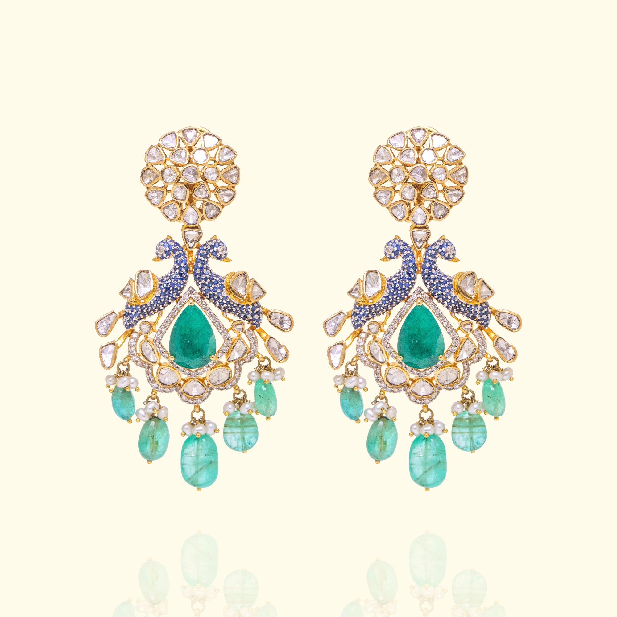 Peacock Flower Polki Emerald Earrings