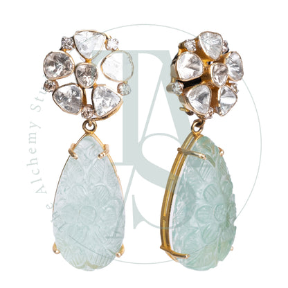 Moira Uncut Diamond Flower Detachable Earrings with Russian Emerald