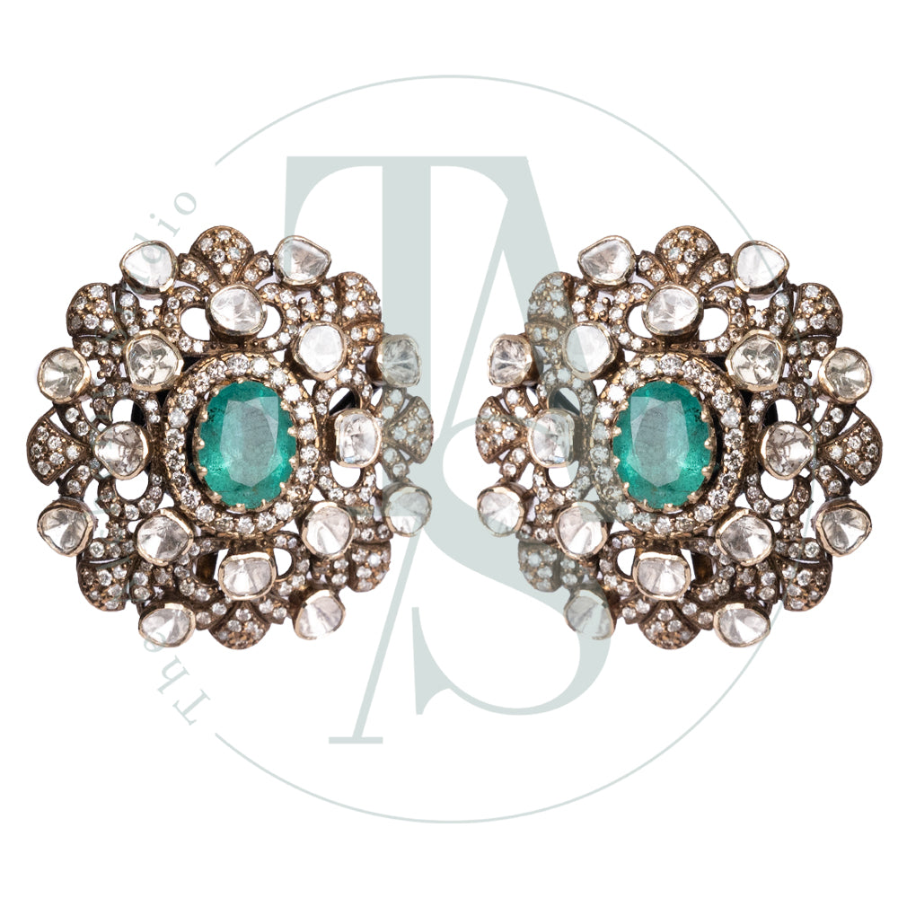 Victorian Uncut Diamond and Emerald Oversized Studs