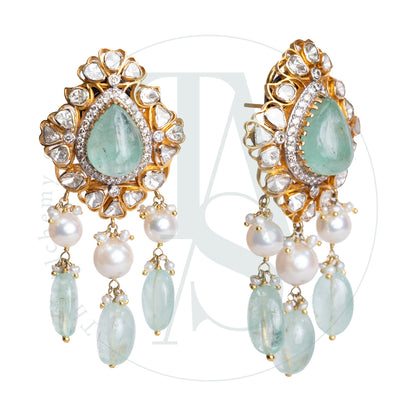 Hyderabad Uncut Diamond and Columbian Emerald Earrings