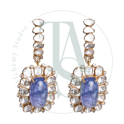 18kt Gold Kiyan Dangling Uncut Diamond and Tanzanite Earrings