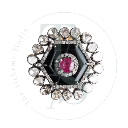 Adelisa Hexagon Black Onyx and Uncut Diamond with Ruby Ring