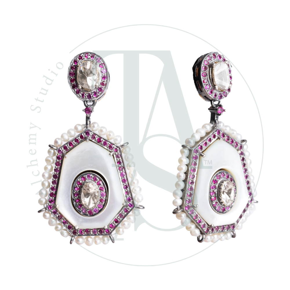 Donella Mother of Pearl and Uncut Diamond Earrings