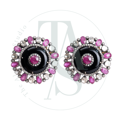 Adelisa Round Black Onyx and Uncut Diamond with Ruby Earrings