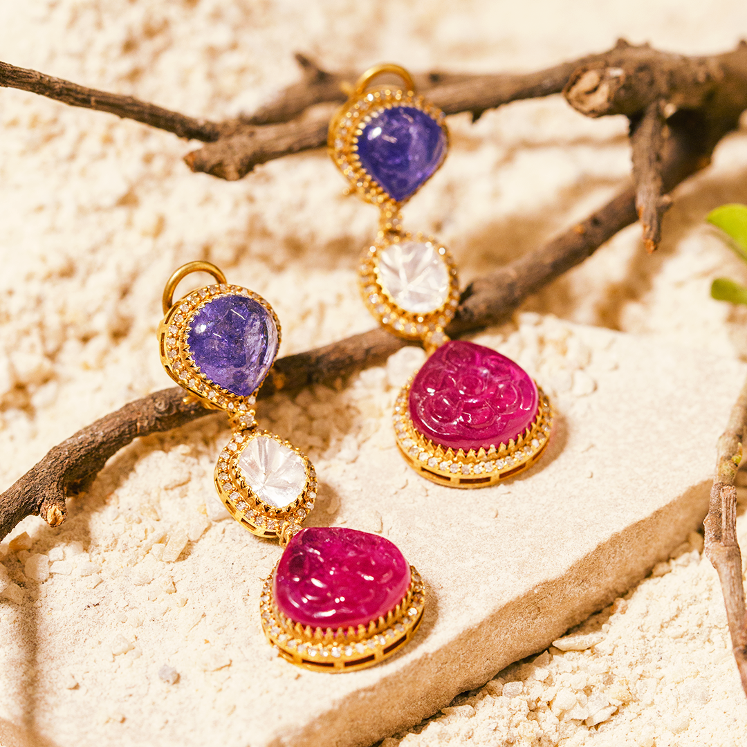 Rue Polki Tanzanite Ruby Earrings