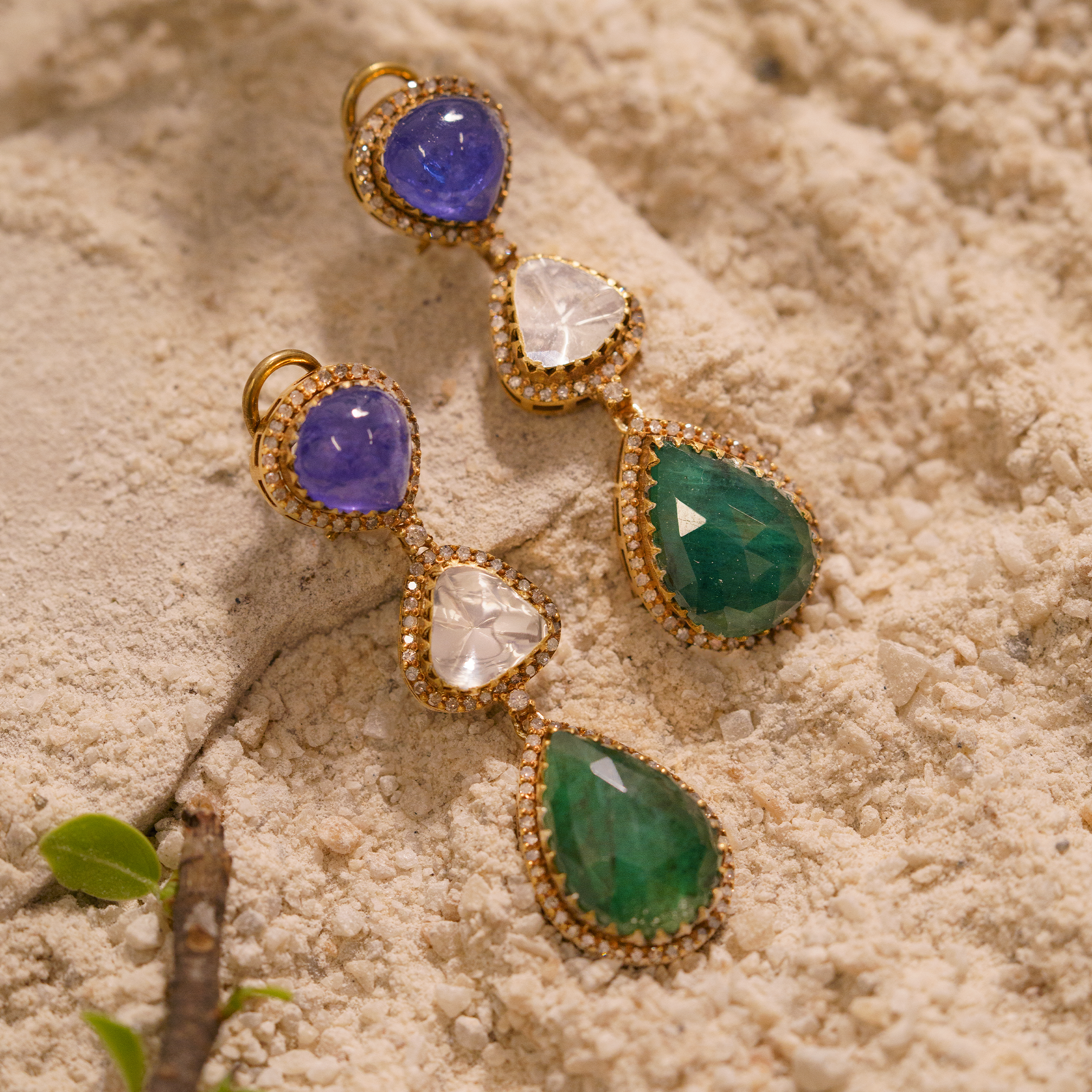 Amberosia Polki Tanzanite Emerald Earrings