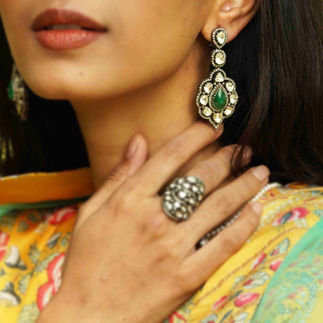 Victorian Clara Polki Emerald Earrings
