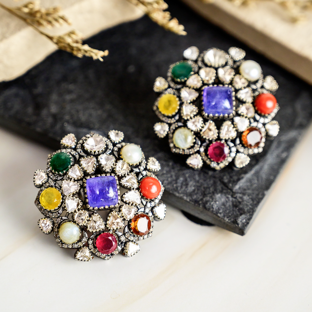 Vintage Polki Navratan Oversized Earrings