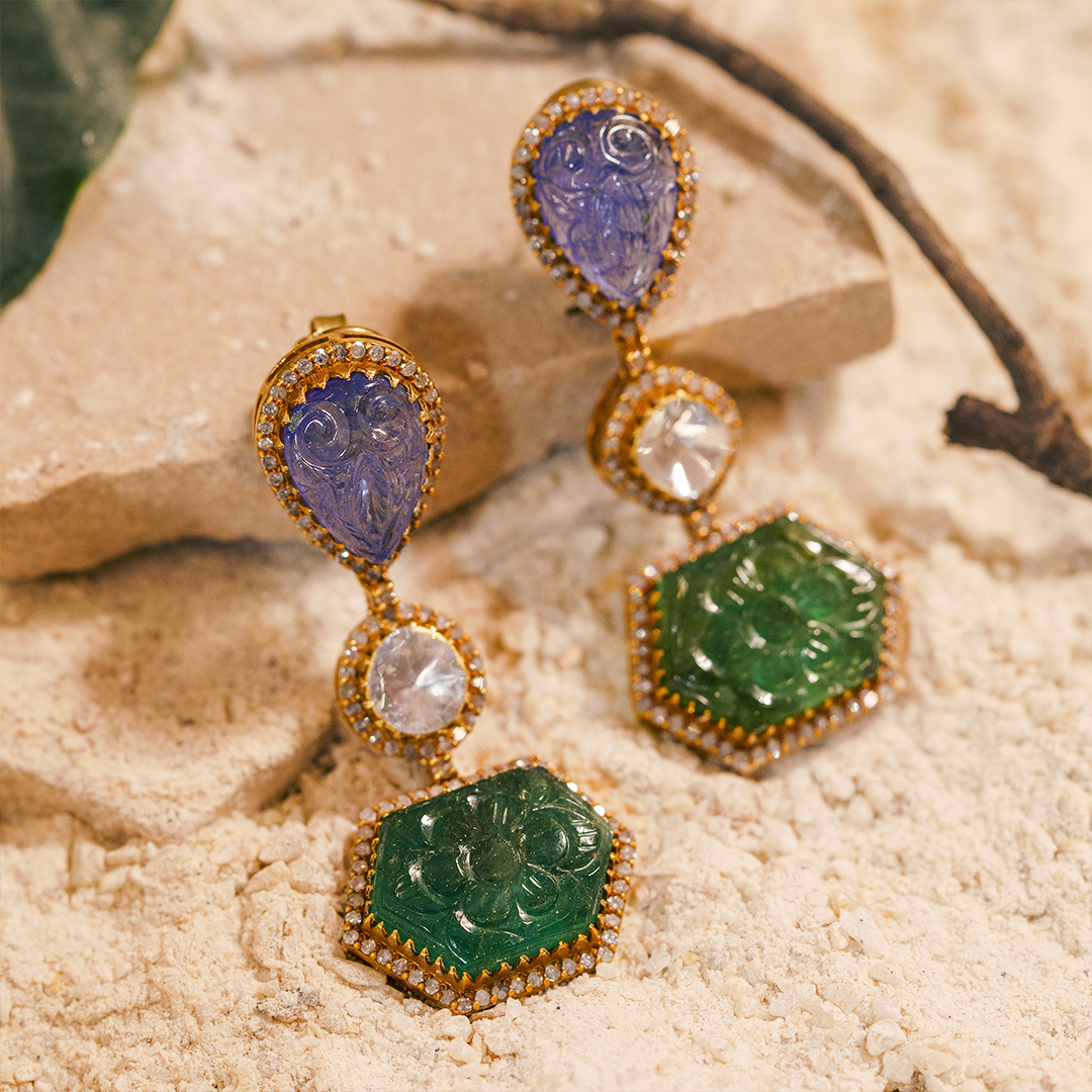 Chloe Polki Emerald Tanzanite Earrings