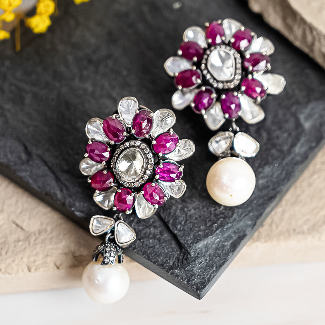 Overlapping Polki Ruby Flower Earrings