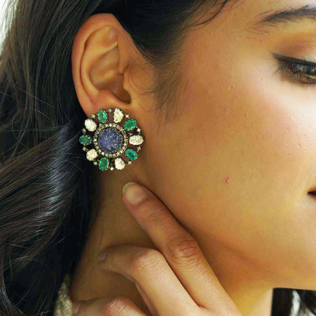 Round Polki Tanzanite Emerald Earrings