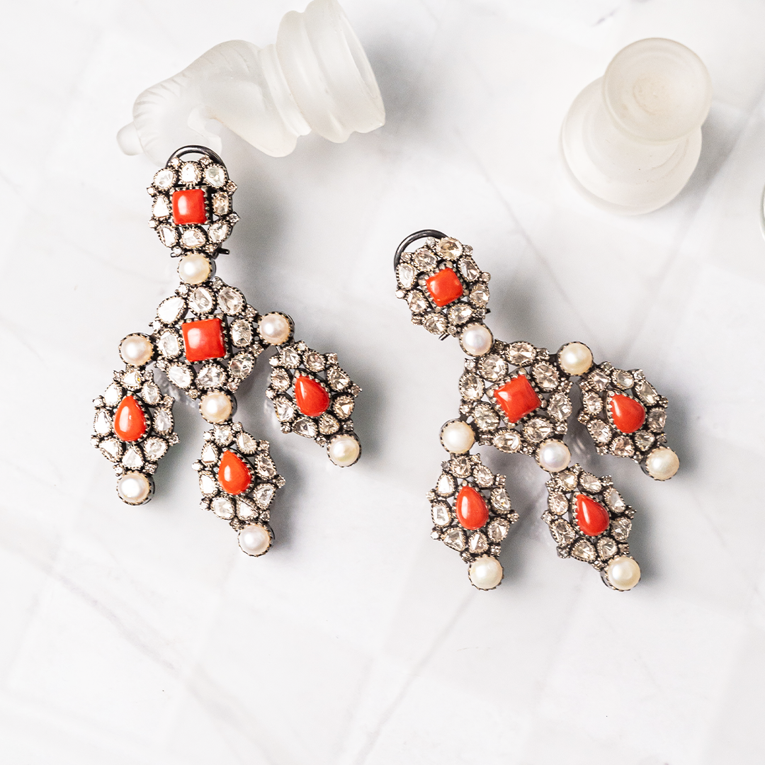 Chandelier Polki Coral Pearl Earrings