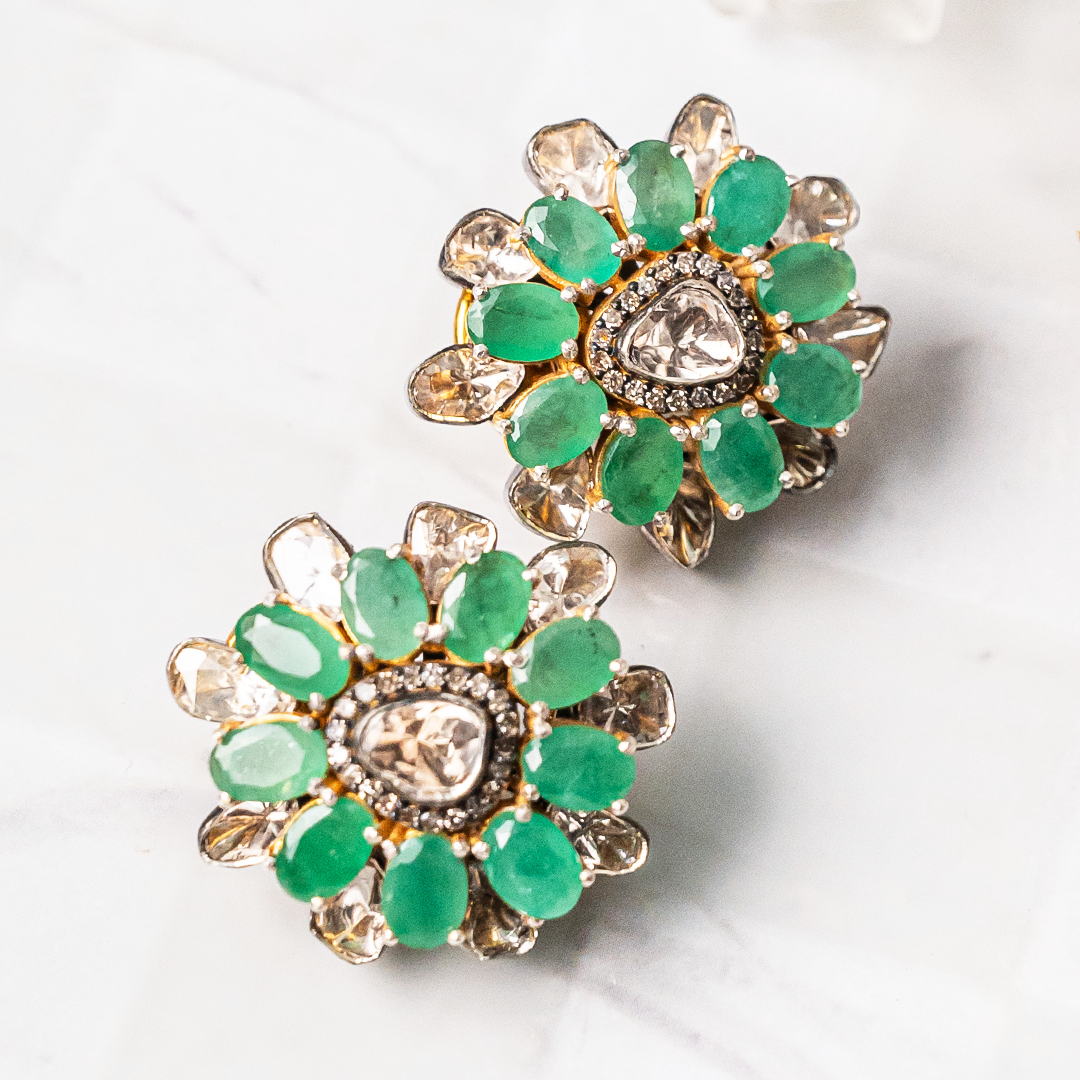 Overlapping Polki Emerald Flower Earrings