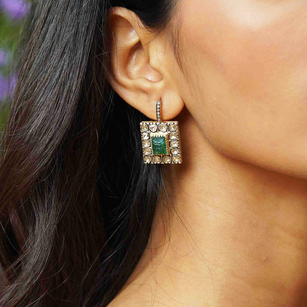Ray Polki Carved Emerald Earrings