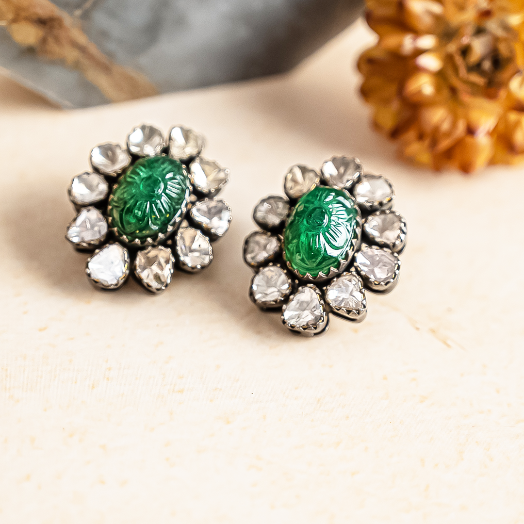 Fiora Polki Carved Emerald Earrings