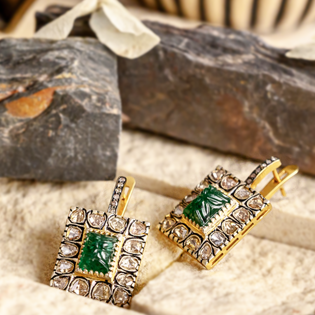 Ray Polki Carved Emerald Earrings