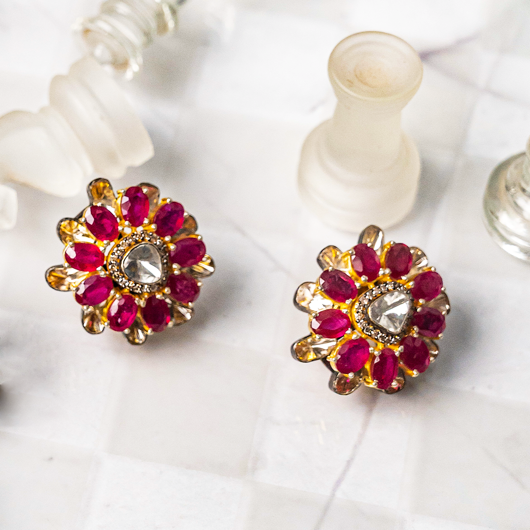 Overlapping Polki Ruby Flower Earrings